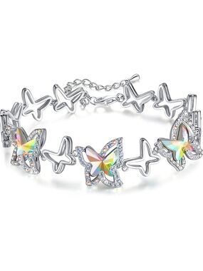 Crystal Butterfly Silver Bracelet - Aurora Borealis Accents